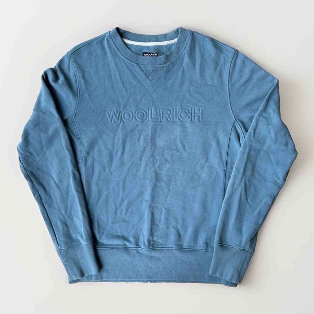 Woolrich Embossed Logo Crewneck Sweatshirt Men's Size Med Blue V-Stitch Cotton